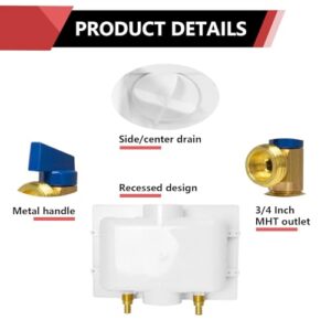 EFIELD Washing Machine Outlet Box with Center Drain, 1/2 inch x 3/4 inch MHT (1/2” -Inch Sweat Connection MIP) with Stainless Steel Water Hammer Arrestor