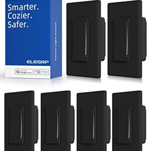 ELEGRP Smart Dimmer Light Switch DTR30, Single Pole or 3 Way, 2.4GHz Wi-Fi Touch Dimmer Compatible with Alexa/Google Assistant, Needs Neutral Wire, No Hub Required, UL and FCC Listed, Black, 6 Pack