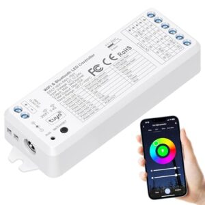 EMITEVER WiFi Bluetooth 5-in-1 LED Controller Dimmable for DC12-24V PWM Single Color/CCT/RGB/RGBW/RGBCCT LED Strip Lights, Compatible with Tuya APP/Smart Life/Alexa/Google Home