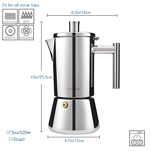 Easyworkz Diego Stovetop Espresso Maker Stainless Steel Italian Coffee Machine Maker 12Cup 17.5 oz Induction Moka Pot - Image 4