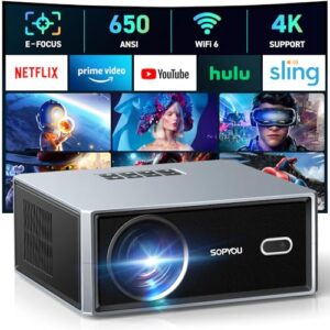 [Electric Focus/Auto Keystone] Projector with WiFi and Bluetooth, Native 1080P 4K Support Outdoor Movie Projectors Max 450″ Display, SOPYOU Home Theater Projector for iOS/Android/TV Stick