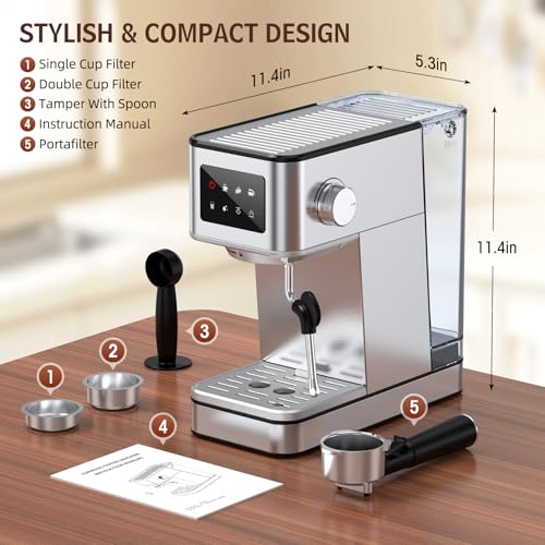 Espresso Machine, 20 Bar Compact Espresso Maker with Steam Milk Frother, Stainless Steel Coffee Machine with 57.5oz Removable Water Tank & LED Touchscreen Monitors for Latte, Gift for Coffee Lover - Image 3