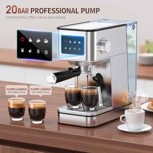 Espresso Machine, 20 Bar Compact Espresso Maker with Steam Milk Frother, Stainless Steel Coffee Machine with 57.5oz Removable Water Tank & LED Touchscreen Monitors for Latte, Gift for Coffee Lover - Image 4