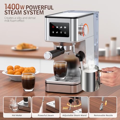 Espresso Machine, 20 Bar Compact Espresso Maker with Steam Milk Frother, Stainless Steel Coffee Machine with 57.5oz Removable Water Tank & LED Touchscreen Monitors for Latte, Gift for Coffee Lover - Image 6