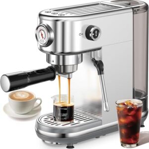 Espresso Machine with Milk Frother, 20 Bar High Pressure Professional Espresso Maker Automatic, Compact Stainless Steel Coffee Machine for Cappuccino, Latte, Gift for Coffee Lover, Silver