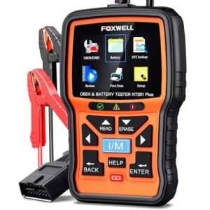 FOXWELL NT301 Plus 2 in 1 OBD2 Scanner Battery Tester, OBDII Diagnostic Tool Check Engine Car Code Reader, 12V 100-1100CCA Cranking Charging Analyzer Tester, Live Data, Full ODB2 Diagnosis
