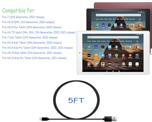 Fast Charger Fire 7 Tablet Cable Compatible for Fire 7, Fire HD 10, HD 8 (2019, 2020, 2021, 2022 release, 9th, 10th, 11th, 12th Generation) Kids Pro Plus Gen Tablet TYPE-C Charging Cord Adapter (5ft) - Image 3