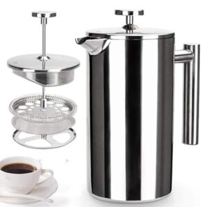 French Press Coffee Maker 3-Level Filtration Double-Walled 6MM Vacuum Insulated Keep Hot 2 Hours for Travel 32oz Polished Stainless Steel