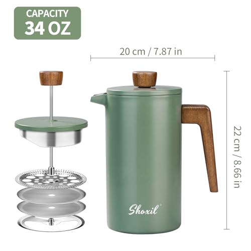 French Press Coffee Maker, 34oz Stainless Steel Green Coffee Press Real Wood Handle, Double Wall Insulated French Coffee Press with Dual-Filter Screen, Perfect for Camping & Kitchen Use - Image 3