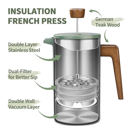French Press Coffee Maker, 34oz Stainless Steel Green Coffee Press Real Wood Handle, Double Wall Insulated French Coffee Press with Dual-Filter Screen, Perfect for Camping & Kitchen Use - Image 4