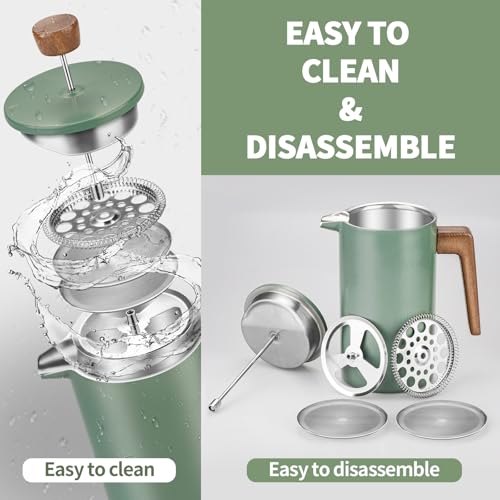 French Press Coffee Maker, 34oz Stainless Steel Green Coffee Press Real Wood Handle, Double Wall Insulated French Coffee Press with Dual-Filter Screen, Perfect for Camping & Kitchen Use - Image 6