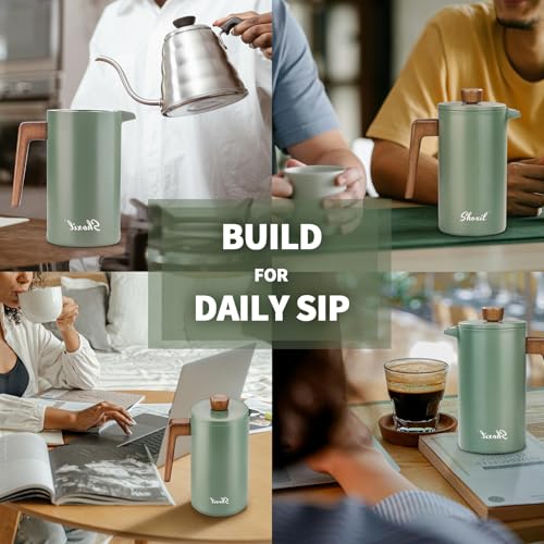 French Press Coffee Maker, 34oz Stainless Steel Green Coffee Press Real Wood Handle, Double Wall Insulated French Coffee Press with Dual-Filter Screen, Perfect for Camping & Kitchen Use - Image 7