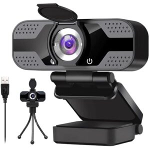 Full HD 1080p Webcam with Privacy Shutter and Tripod, Video and Wide Angle Camera, Built-in Mic, Widescreen USB Computer Camera for Laptop Desktop