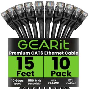 GEARit Cat 6 Ethernet Cable (10-Pack 15 Feet) Cat6 Network Patch, 10Gbps, RJ45, Snagless Cord, Gold-Plated Connectors, Internet for PC, TV, Tablet, Router, Printer, Servers, IT Data Center – Black