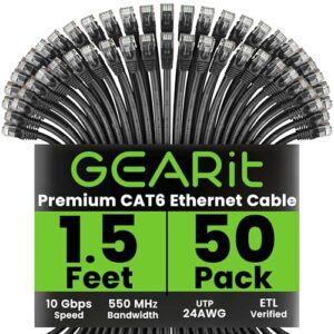 GEARit Cat 6 Ethernet Cable (50-Pack 1.5 Feet) Cat6 Network Patch, 10Gbps, RJ45, Snagless Cord, Gold-Plated Connectors, Internet for PC, TV, Tablet, Router, Printer, Servers, IT Data Center – Black