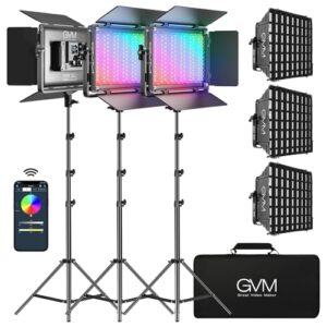 GVM 65W RGB Video Light with Softbox, 1300D LED Video Lighting Kit, 25000lux/0.5m, 360° Full Color Photography Lighting Kit, 3 Packs Led Panel Light for YouTube, Web Conference, Streaming