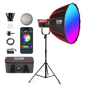 GVM RGB 300W Video Light Kit with Parabolic Softbox and Stand, Photography Lighting for Camera Studio Recording with Bowen Mount, COB Film Light with APP&DMX, Aluminum Alloy, 2000-10000K, CRI 97+
