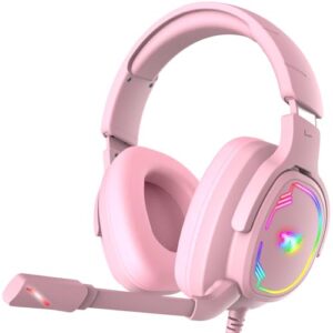 Gaming Headset for PC/PS4/PS5/Xbox One/Switch, Stereo Surround Sound Gaming Headphones with Noise Canceling Flexible Mic, Computer Headset with 3.5mm Jack & RGB Light(Pink)