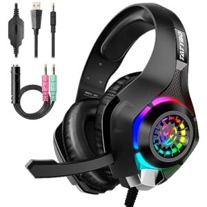 Gaming Headset for PS4 PS5 Xbox One PC, Over-Ear Gaming Headphones with Surround Sound, Noise Canceling Mic, RGB Light