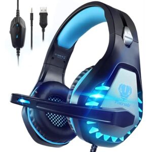 Gaming Headset with Microphone for PC, PS4, PS5, Headset Noise Cancelling Gaming Headphones for Switch, Laptop, Mac, Xbox Series X/S, Headphones with LED Lights, Deep Bass for Kids Adults, Black Blue