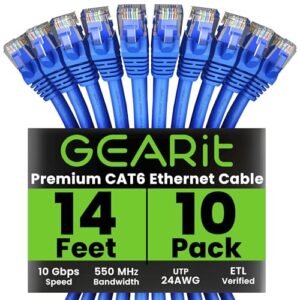 GearIT Cat 6 Ethernet Cable (10-Pack 14 Feet) Cat6 Network Patch, 10Gbps, RJ45, Snagless Cord, Gold-Plated Connectors, Internet for PC, TV, Tablet, Router, Printer, Servers, IT Data Center – Blue