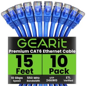 GearIT Cat 6 Ethernet Cable (10-Pack 15 Feet) Cat6 Network Patch, 10Gbps, RJ45, Snagless Cord, Gold-Plated Connectors, Internet for PC, TV, Tablet, Router, Printer, Servers, IT Data Center – Blue