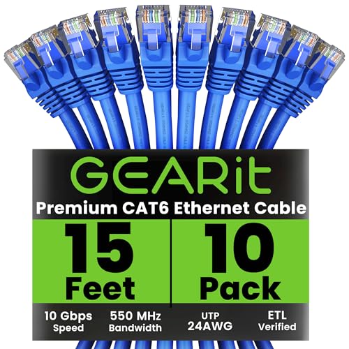GearIT Cat 6 Ethernet Cable (10-Pack 15 Feet) Cat6 Network Patch, 10Gbps, RJ45, Snagless Cord, Gold-Plated Connectors, Internet for PC, TV, Tablet, Router, Printer, Servers, IT Data Center - Blue - Image 2