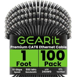 GearIT Cat 6 Ethernet Cable (100-Pack 1 Foot) Cat6 Network Patch, 10Gbps, RJ45, Snagless Cord, Gold-Plated Connectors, Internet for PC, TV, Tablet, Router, Printer, Servers, IT Data Center – Black