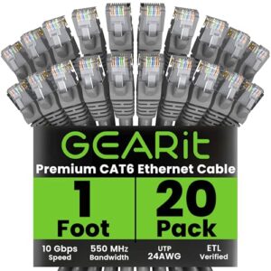 GearIT Cat 6 Ethernet Cable (20-Pack 1 Foot) Cat6 Network Patch, 10Gbps, RJ45, Snagless Cord, Gold-Plated Connectors, Internet for PC, TV, Tablet, Router, Printer, Servers, IT Data Center – Gray
