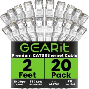 GearIT Cat 6 Ethernet Cable (20-Pack 2 Feet) Cat6 Network Patch, 10Gbps, RJ45, Snagless Cord, Gold-Plated Connectors, Internet for PC, TV, Tablet, Router, Printer, Servers, IT Data Center – White