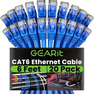 GearIT Cat 6 Ethernet Cable (20-Pack 6 Feet) Cat6 Network Patch, 10Gbps, RJ45, Snagless Cord, Gold-Plated Connectors, Internet for PC, TV, Tablet, Router, Printer, Servers, IT Data Center – Blue