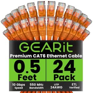 GearIT Cat 6 Ethernet Cable (24-Pack 0.5 Feet) Cat6 Network Patch, 10Gbps, RJ45, Snagless Cord, Gold-Plated Connectors, Internet for PC, TV, Tablet, Router, Printer, Servers, IT Data Center – Orange