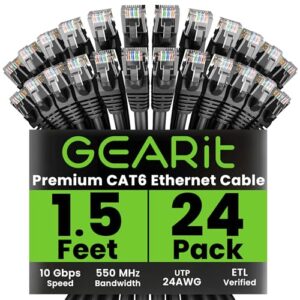 GearIT Cat 6 Ethernet Cable (24-Pack 1.5 Feet) Cat6 Network Patch, 10Gbps, RJ45, Snagless Cord, Gold-Plated Connectors, Internet for PC, TV, Tablet, Router, Printer, Servers, IT Data Center – Black