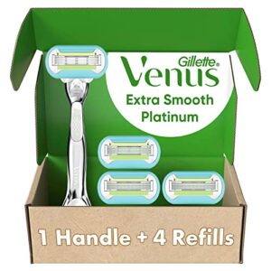 Gillette Venus Platinum Extra Smooth Metal Handle Women’s Razor Handle + 4 Blade Refills, Pivoting Head and Ribbon of Moisture
