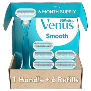 Gillette Venus Smooth Women’s Razor Handle + 6 Refills with Soft-Grip Gel Handle