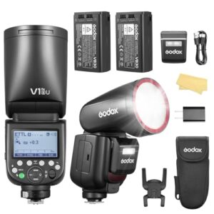 Godox V1 pro S with 2*Battery V1 Pro S USA Version Round Head Camera Flash 2980mAh 76W with External SU-1 1/8000s HSS 1.3s Recycle Time 2.4G Wireless TTL 500 Full Power for Sony ZV-E10, alpha 7711 etc