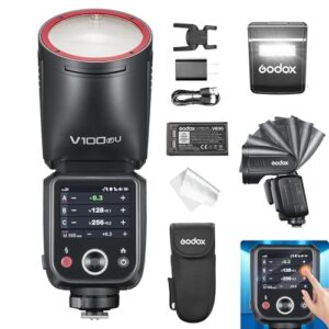Godox V100-F Flash for Fuji Camera,Round Head Camera Flash Speedlite,TTL Touch Screen 2.4G Wireless X System for Fuji(Godox V1 Upgrade)