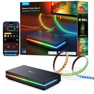 Govee HDMI 2.1 Sync Box 2, AI Sync Box with TV Backlight, Supports 8K@60Hz, 4K@144Hz, VRR and ALLM, Works with Matter and Alexa, RGBIC LED Light Strip for 75-85 inch TVs, 75 LEDs/m