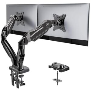 HUANUO Dual Monitor Stand – Full Adjustable Monitor Desk Mount Swivel Vesa Bracket with C Clamp, Grommet Mounting Base for 13 to 32 Inch Computer Screens – Each Arm Holds 4.4 to 19.8lbs