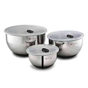 HexClad Stainless Steel Mixing Bowl Set, 3-Piece with Vacuum Seal Lids and Non-Slip Base, 1.3,3 and 5 Quarts