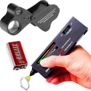 High Accuracy Diamond Tester Pen – Jewelry Gem Detector With 30X 60X Illuminated Eye Loupe, Mini LED Foldable Magnifying Distinguish Tool (Black Tester, Black Loupe)