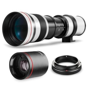High-Power 420-1600mm f/8.3 HD Manual Telephoto Zoom Lens for Canon EOS 80D, 90D, Rebel T3, T5, T7, 70D, 5D, 6D II, 7D II Cameras WHITE