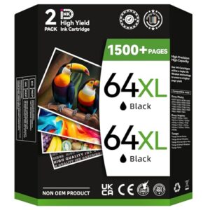 InKID Printer Ink 64 Compatible for HP 64XL Black Ink Cartridge Work for Envy Photo 7800 7858 7855 7100 7120 7155 7158 7164 6255 6252 Inspire 7955e Tango Series Printer(2 Pack)
