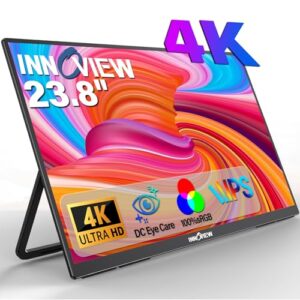 Innoview 23.8” 4K Portable Monitor, UHD (3840*2160) 100%sRGB IPS Speakers USB-C HDMI Work Home Second Monitor W/180°Adjustable Stand for Laptop, Desktop, Macbook, Phones, Tablet, PS5/4, Xbox, Switch