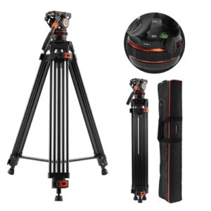 K&F Concept 75″/191cm Video Tripod, Heavy Duty Camera Tripod Stand with 360° Fluid Head Load up to 17.6lb/8kg, Quick Release Plate Compatible with Canon Nikon Sony and Other DSLR Camera Camcorder