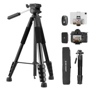 K&F Concept Camera Tripod, 75″ Lightweight Portable Travel Outdoor DSLR Tripods for Camera Phone Video Recording Tripod Stand, Cellphone Clip for Smartphone Live Streaming Vlog, Black