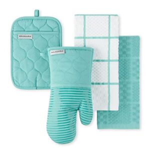 KITCHENAID Quilted Cotton Terry Cloth Oven Mitt, Pot Holder, Kitchen Towel 4-Pack Set, Heat Resistant, Silicone Grip, 16″x26″, 7″x13″ & 7″x10″, Aqua Sky