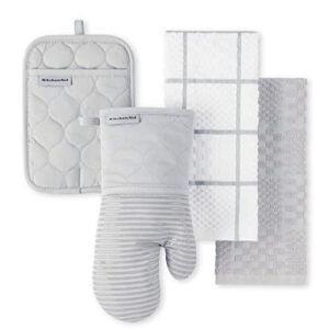 KITCHENAID Quilted Cotton Terry Cloth Oven Mitt, Pot Holder, Kitchen Towel 4-Pack Set, Heat Resistant, Silicone Grip, 16″x26″, 7″x13″ & 7″x10″, Matte Grey