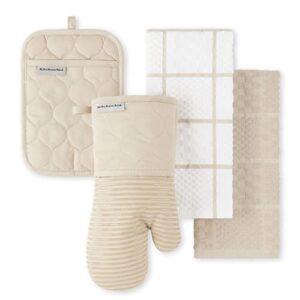 KITCHENAID Quilted Cotton Terry Cloth Oven Mitt, Pot Holder, Kitchen Towel 4-Pack Set, Heat Resistant, Silicone Grip, 16″x26″, 7″x13″ & 7″x10″, Milkshake