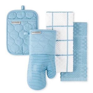 KITCHENAID Quilted Cotton Terry Cloth Oven Mitt, Pot Holder, Kitchen Towel 4-Pack Set, Heat Resistant, Silicone Grip, Gift Set, Blue Velvet, 16″x26″, 7″x13″ & 7″x10″